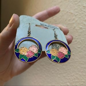 VTG Cloissone Ancient Chinese Art glass enamel floral gold earrings Estate Sale